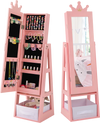 Free-standing pink kids jewelry armoire with full-length mirror and multiple storage compartments for organized.