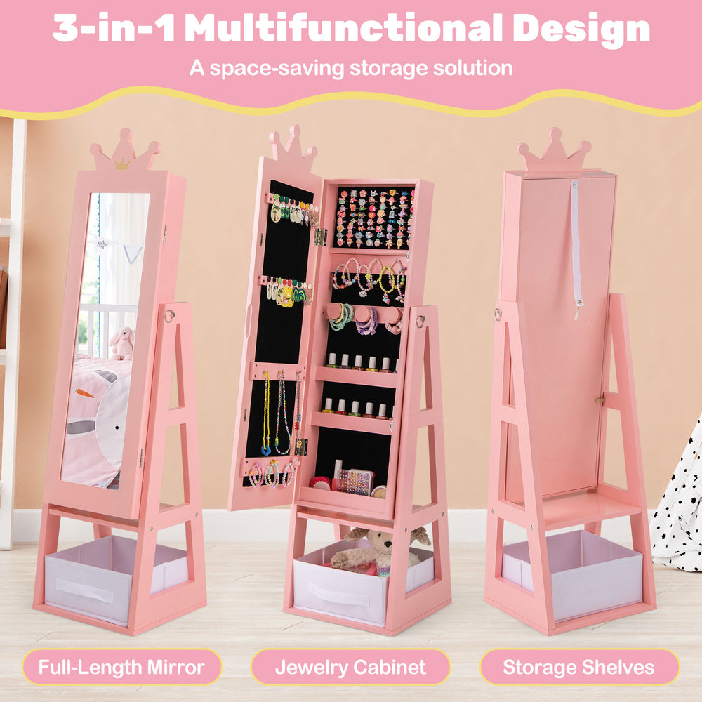 Free-standing pink kids jewelry armoire with full-length mirror, storage shelves, and multiple compartments for.