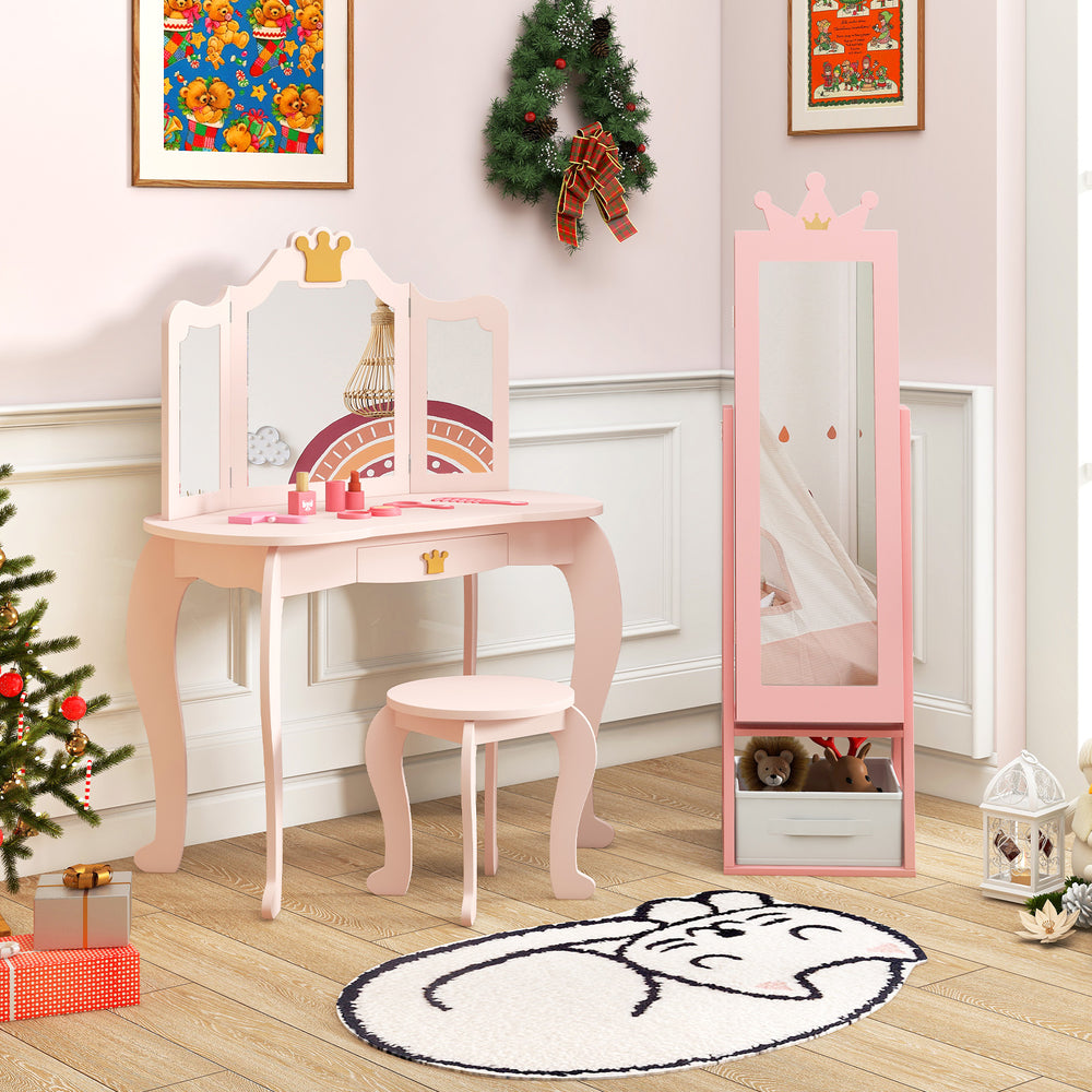 Free-standing pink kids jewelry armoire with full-length mirror and storage compartments, perfect for organizing.