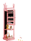 Pink free-standing jewelry armoire cabinet with full-length mirror and storage shelves, ideal for kids' rooms.