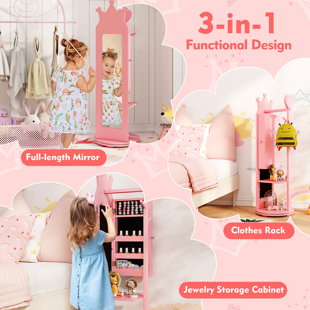 Free-standing pink full-length mirror with jewelry storage, clothes rack, and shelves for kids' organization.
