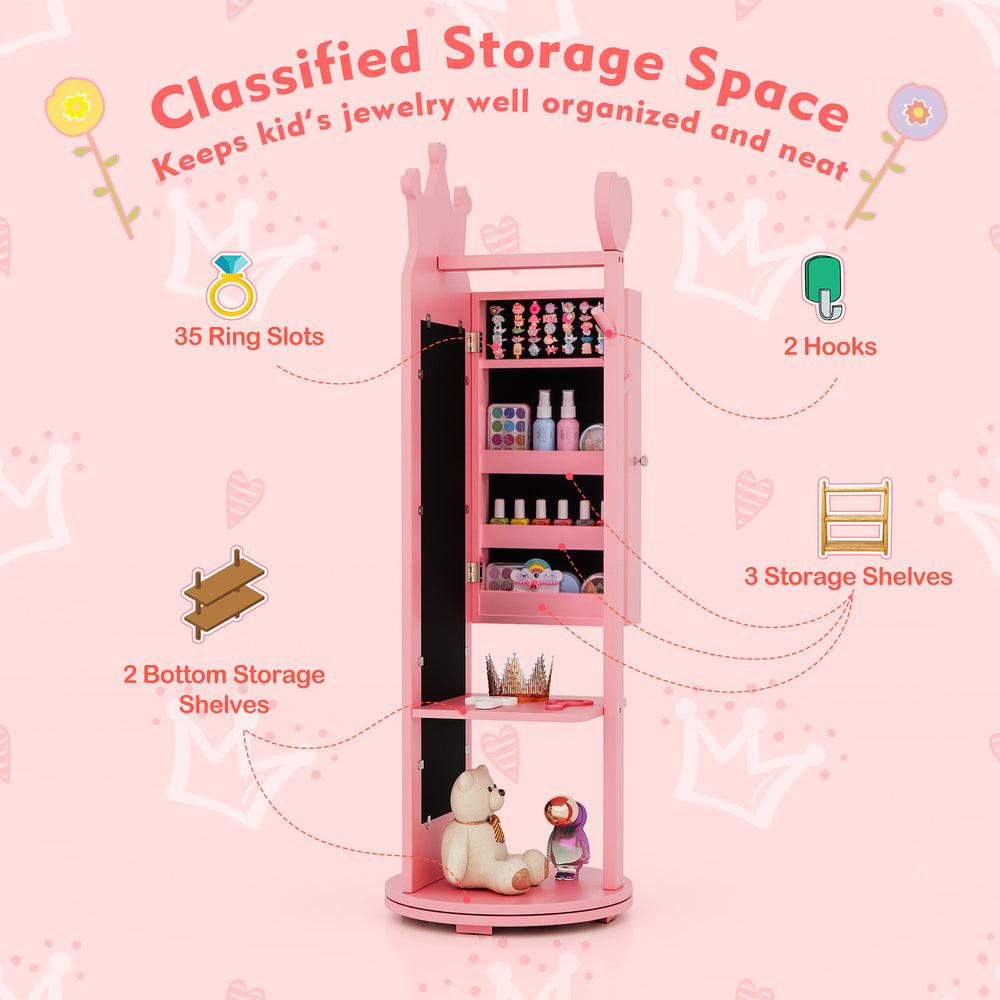Free-standing pink kids jewelry armoire with full-length mirror, storage shelves, and 35 ring slots for organized.
