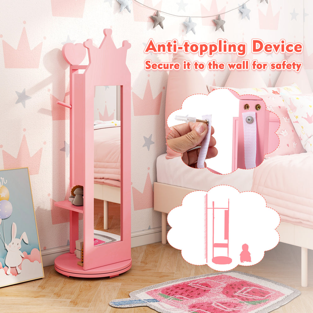 Free-standing pink full-length mirror jewelry armoire with storage shelves and anti-toppling device for kids' safety.