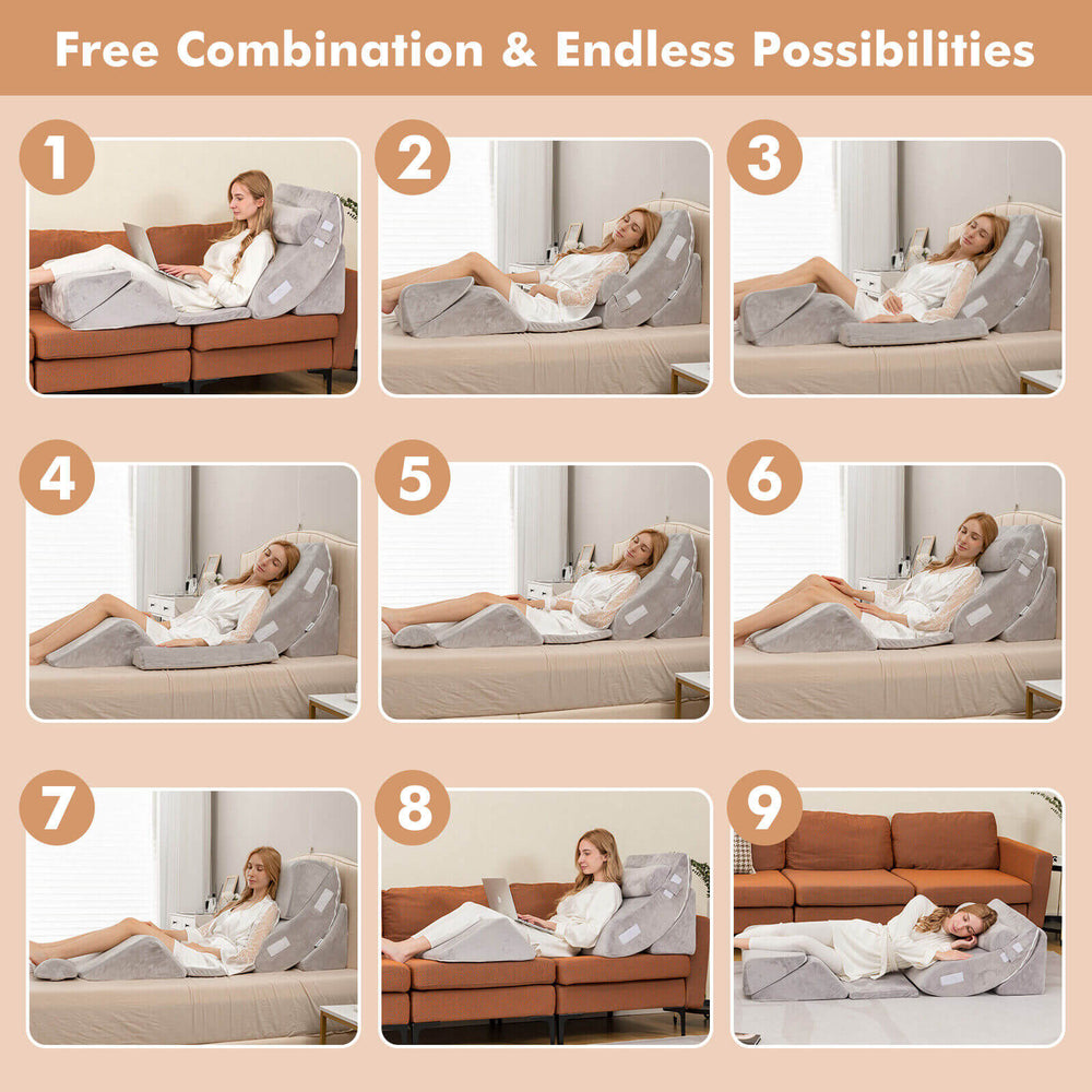 Orthopedic bed wedge pillow set in gray, showcasing adjustable positions for back and neck support, ideal for comfort.