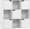 Free standing 9-cube storage bookcase in white, made of durable chipboard, perfect for organizing books and decorations.