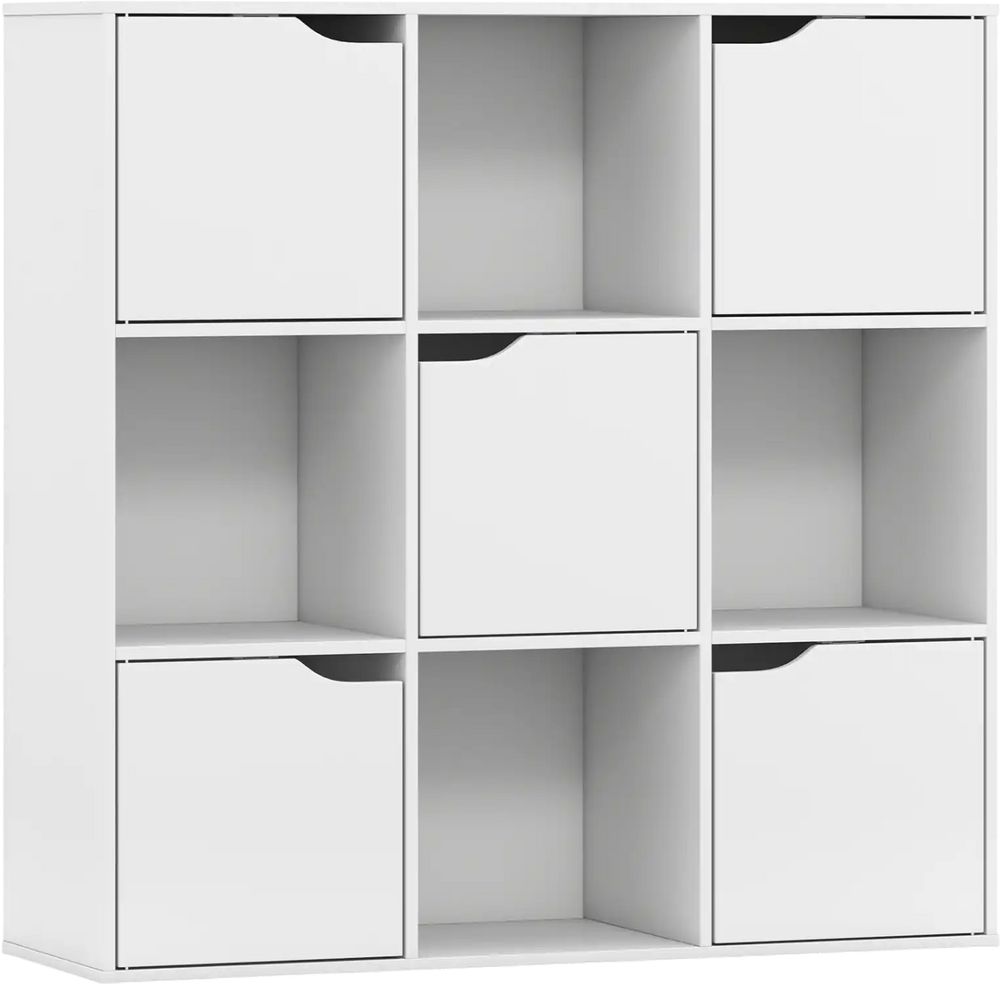 Free standing 9-cube storage bookcase in white, made of durable chipboard, perfect for organizing books and decorations.