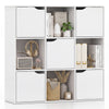 Free standing 9-cube storage bookcase in white offers versatile open and enclosed storage for home and office organization.