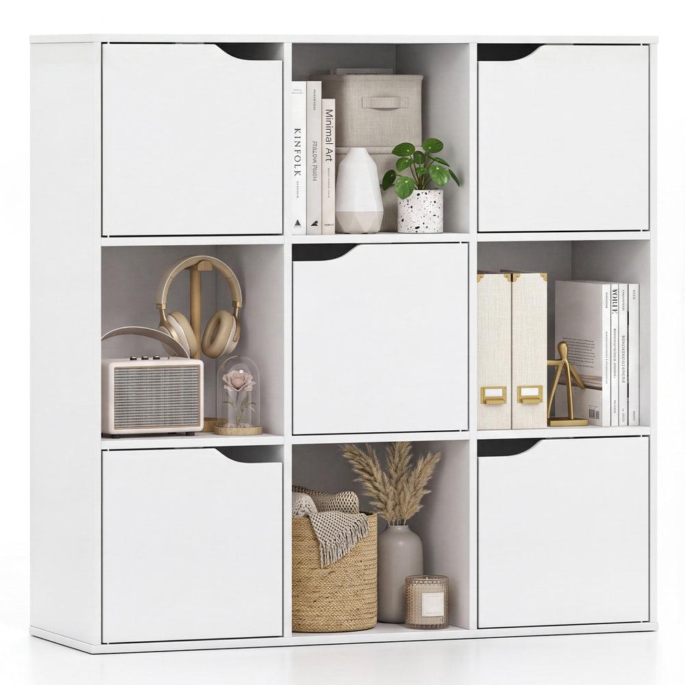 Free standing 9-cube storage bookcase in white offers versatile open and enclosed storage for home and office organization.
