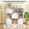 Free standing 9-cube storage wood divider bookcase in white features 4 open cubes and 5 cabinets with doors for versatile organization.
