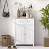 Free standing bathroom storage cabinet in white with large drawer and two doors, perfect for modern home organization.