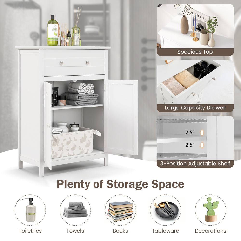 Free standing bathroom storage cabinet showcasing a spacious top for toiletries and decorative items, enhancing.