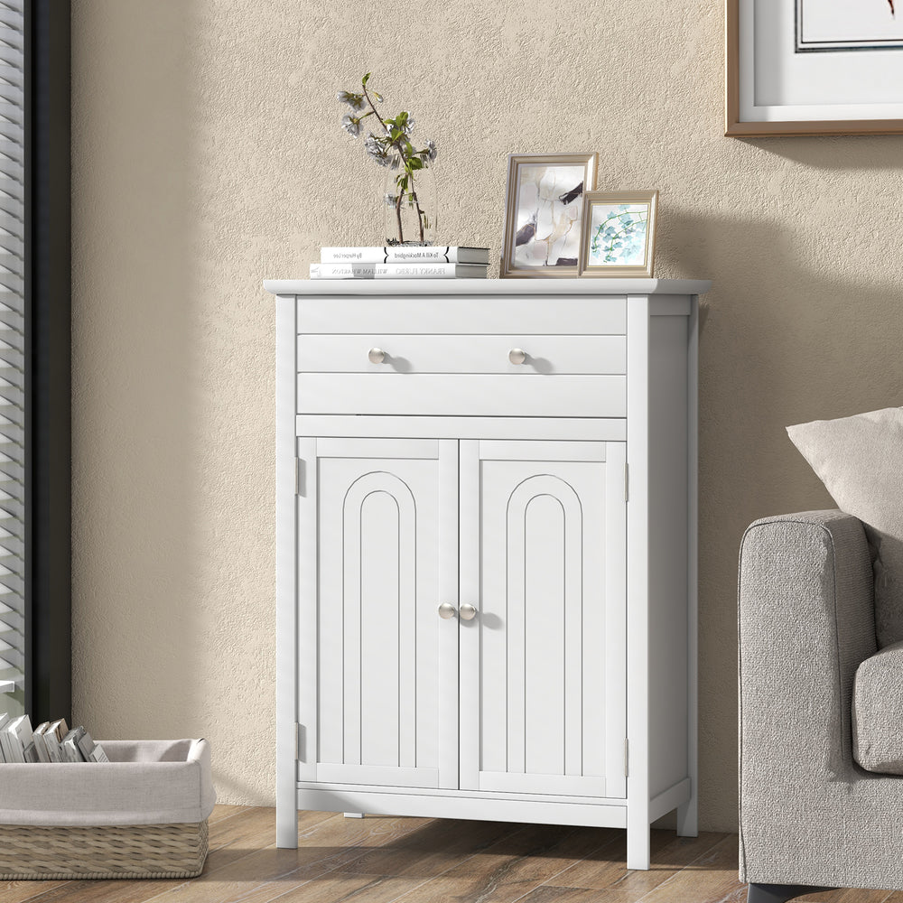 Free standing bathroom storage cabinet in white with large drawer and two doors, perfect for organizing any space.