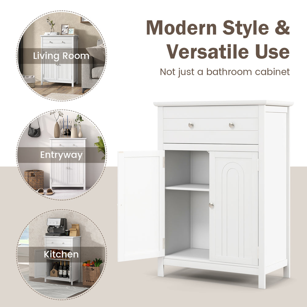 Free standing bathroom storage cabinet with large drawer, adjustable shelf, and modern white design for versatile use.