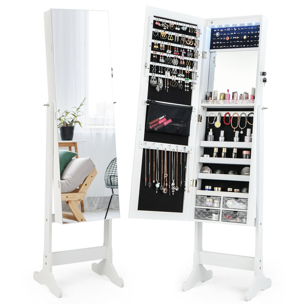 Free Standing Full Length Jewelry Armoire with LED Lights-White - Gallery View 1 of 10