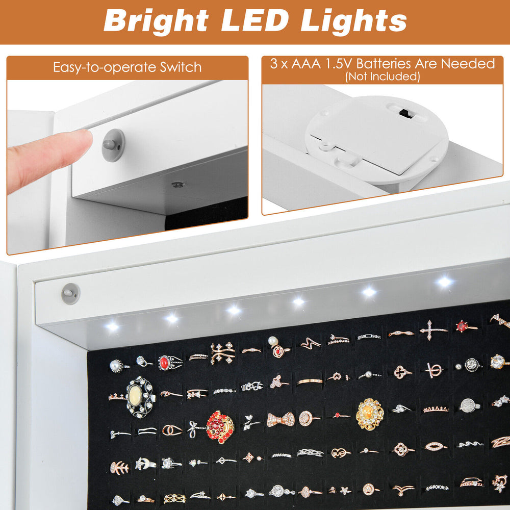 Free standing jewelry armoire with LED lights, spacious storage, and full-length mirror for stylish organization.