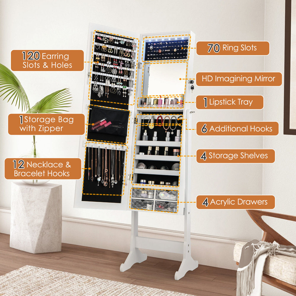 Interior storage compartments of the Free Standing Full Length Jewelry Armoire showcasing various hooks and acrylic.