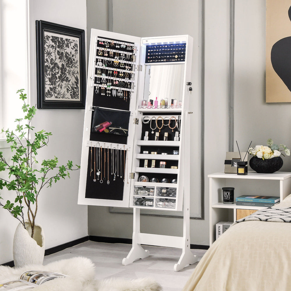 Interior of the Free Standing Full Length Jewelry Armoire displaying LED lights and spacious compartments for jewelry.