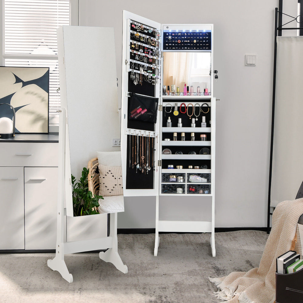 Interior view of the Free Standing Full Length Jewelry Armoire showing organized storage for jewelry and makeup.