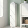 Free standing white toilet paper holder with 4 shelves, compact design for bathroom storage and easy access.