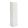 Free standing white toilet paper holder with 4 shelves and top slot, perfect for compact bathroom storage.