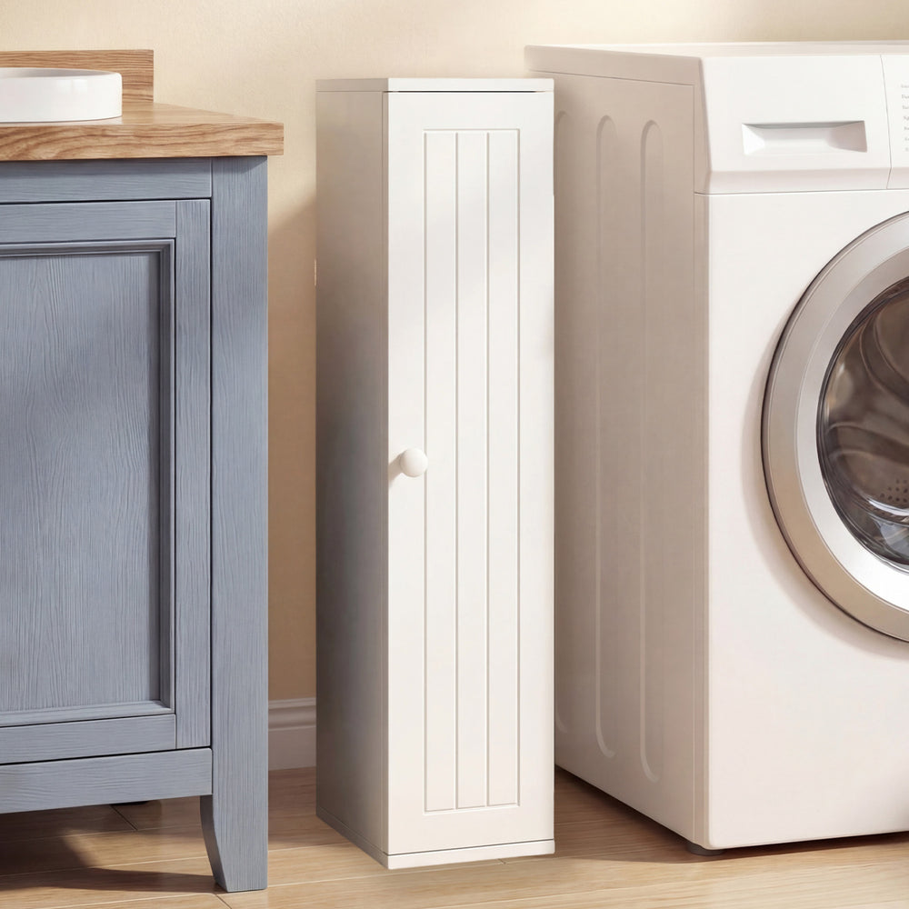 Narrow white free-standing toilet paper holder with a hinged door and 4 shelves, ideal for organized bathroom storage.