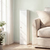 Free standing toilet paper holder in white with 4 shelves, designed for compact bathroom storage and easy access.