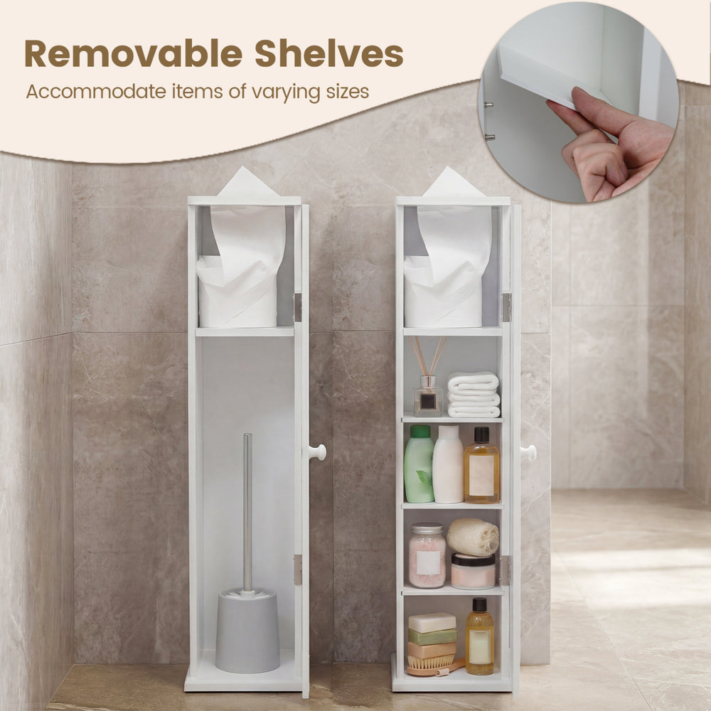 Free standing toilet paper holder in white with 4 removable shelves, perfect for compact bathroom storage solutions.