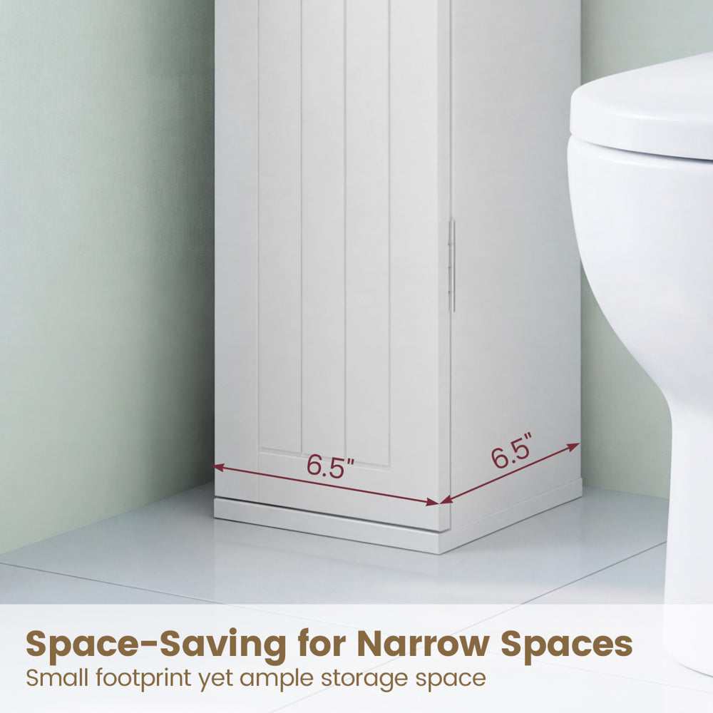 Free standing toilet paper holder in white with 4 shelves, designed for narrow spaces, perfect for bathroom.
