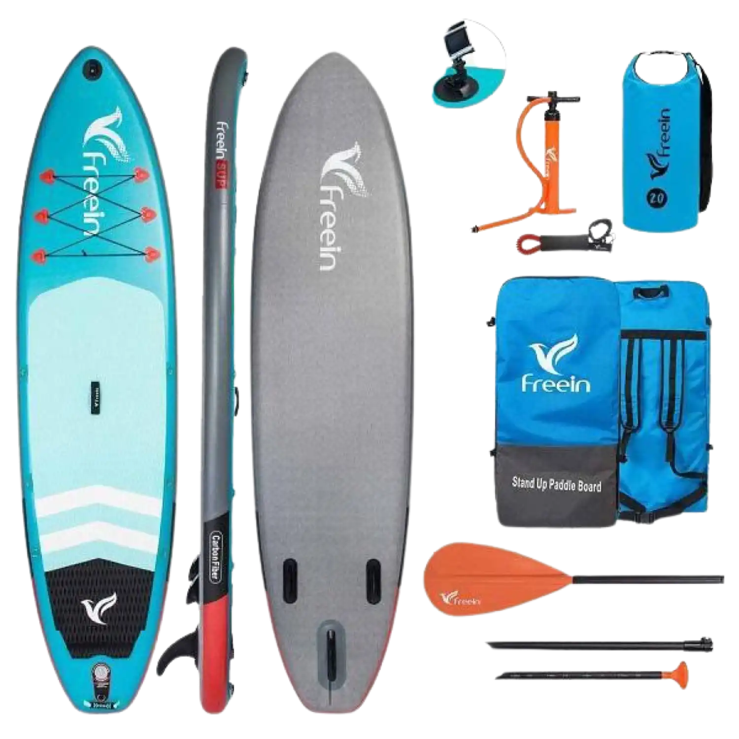 Freein 11' Explorer Inflatable SUP Stand Up Paddle Board Package Dual Action Pump Camera Mount Light Blue New