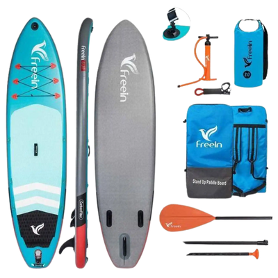Freein 11' Explorer Inflatable SUP Stand Up Paddle Board Package Dual Action Pump Camera Mount Light Blue New