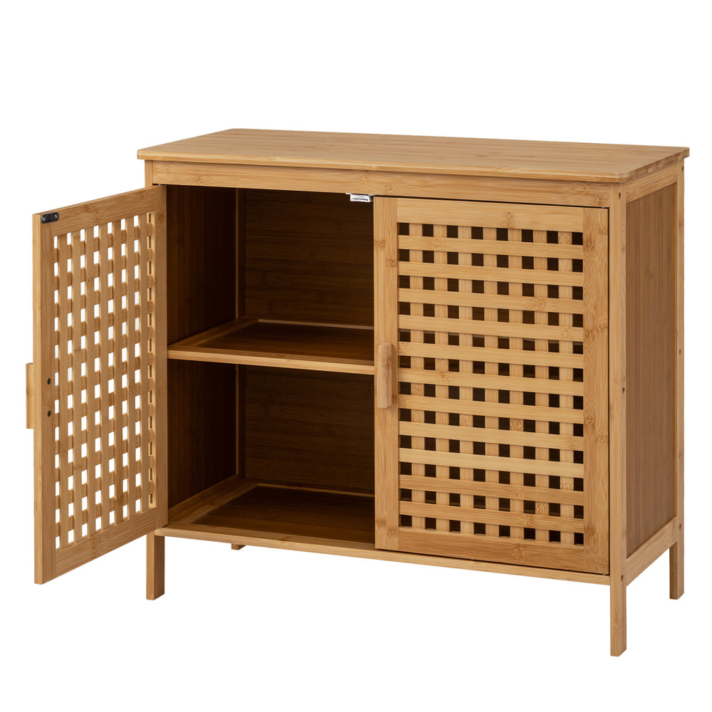 Bamboo bathroom storage cabinet with two doors, ventilated design, sturdy construction, and elevated legs for stability.