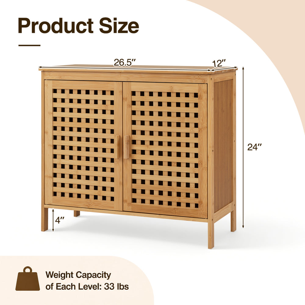 Bamboo bathroom storage cabinet with 2 doors, ventilated design, and sturdy construction for organizing towels and decor.