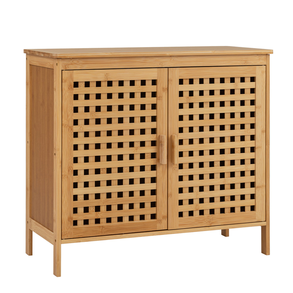 Bamboo bathroom storage cabinet with 2 doors, ventilated design, sturdy construction, ideal for towels and decorations.