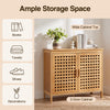 Bamboo bathroom storage cabinet with 2 doors, featuring a wide top for books and towels, and ventilated hollowed-out doors.