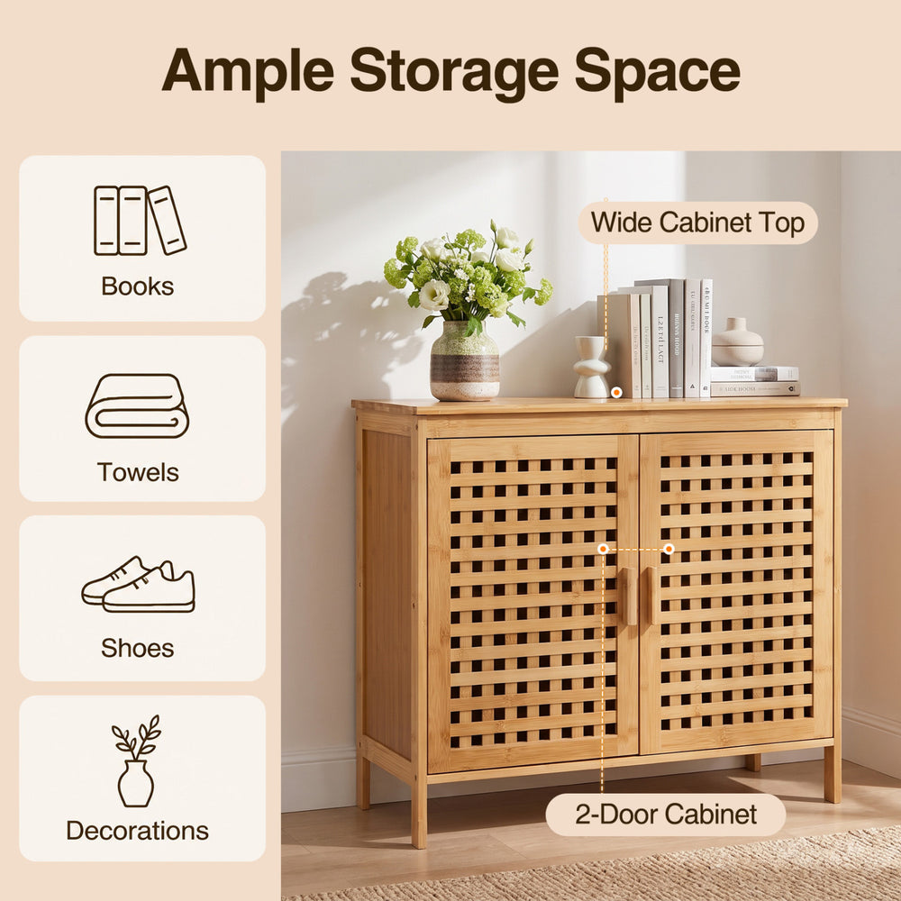 Bamboo bathroom storage cabinet with 2 doors, featuring a wide top for books and towels, and ventilated hollowed-out doors.