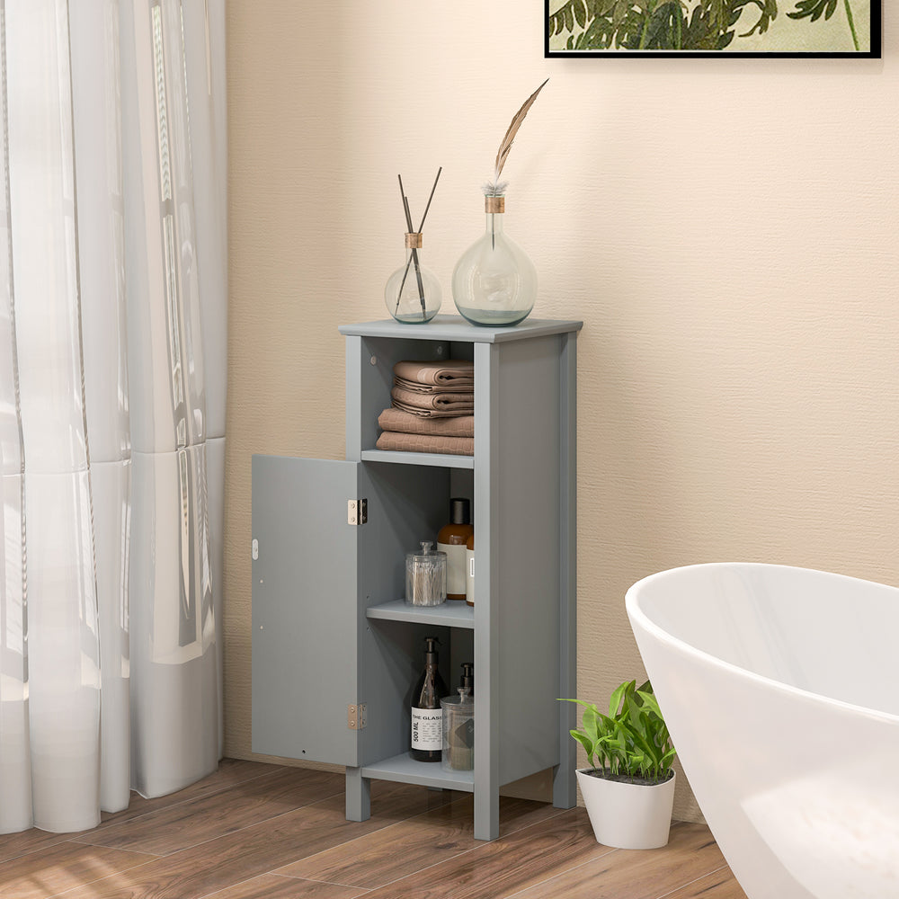 Gray bathroom storage organizer with a two-tier cabinet, featuring adjustable shelves and a spacious top surface for.