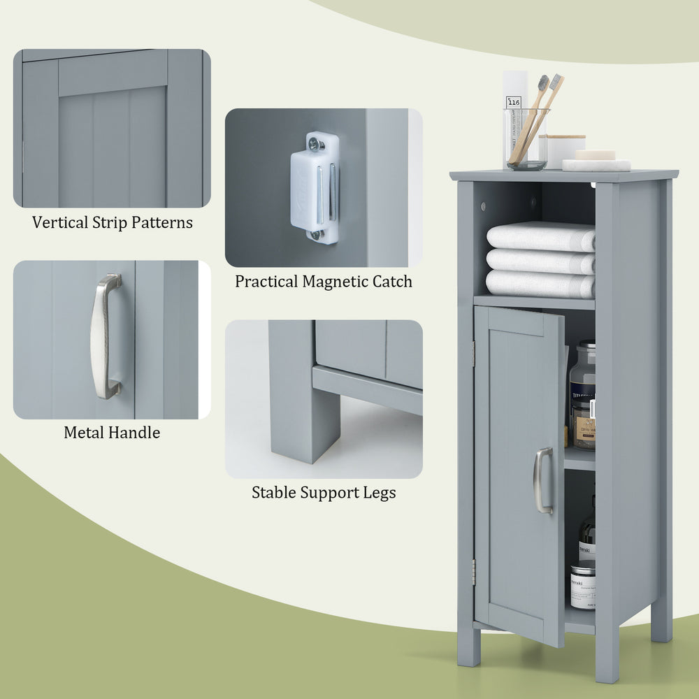 Gray bathroom storage organizer featuring a two-tier cabinet, adjustable shelves, and a spacious top surface for.