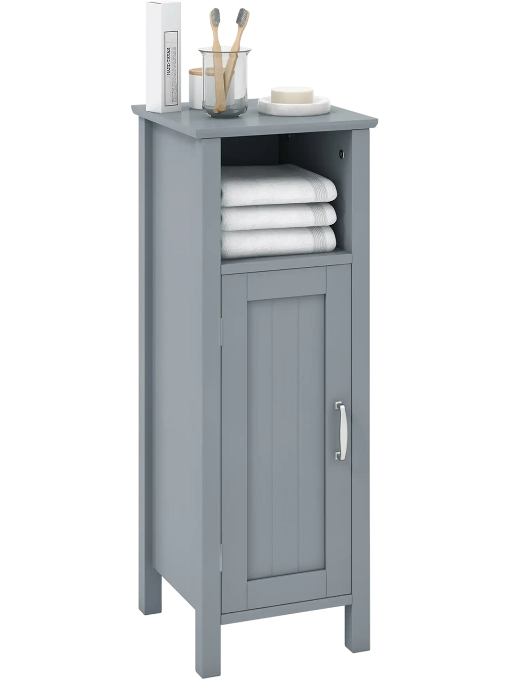 Gray bathroom storage organizer with two-tier cabinet, spacious top surface, and adjustable shelving for versatile use.