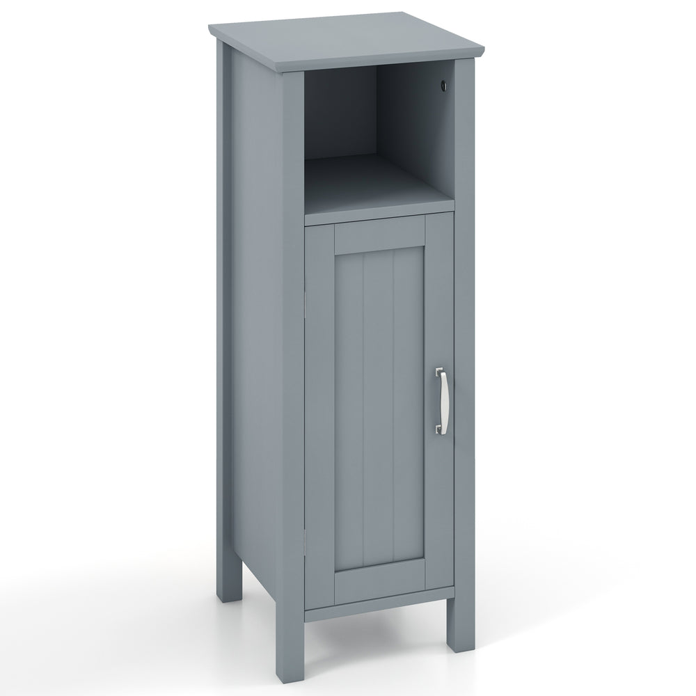 Gray bathroom storage organizer featuring a two-tier cabinet and open compartment for easy access to essentials.