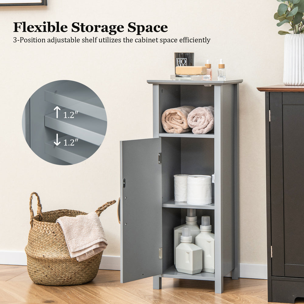 Gray bathroom storage organizer with a two-tier cabinet, featuring adjustable shelves for versatile storage solutions.