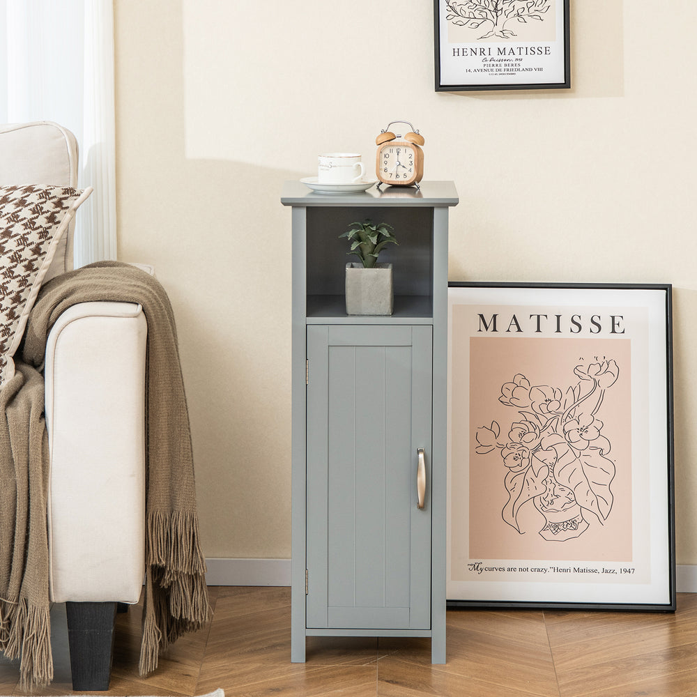 Gray bathroom storage organizer with a two-tier cabinet, perfect for maximizing space and displaying decorative items.
