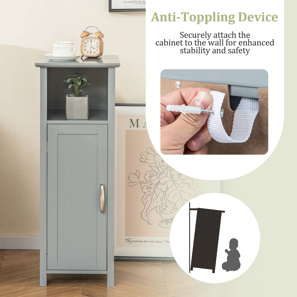 Gray bathroom storage organizer with a two-tier cabinet, featuring an anti-toppling device for added safety and.
