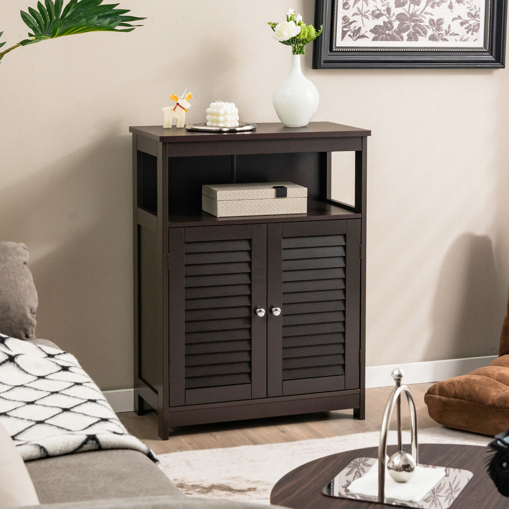 Wood Freestanding Bathroom Storage Cabinet with Double Shutter Door-Brown - Gallery View 1 of 10
