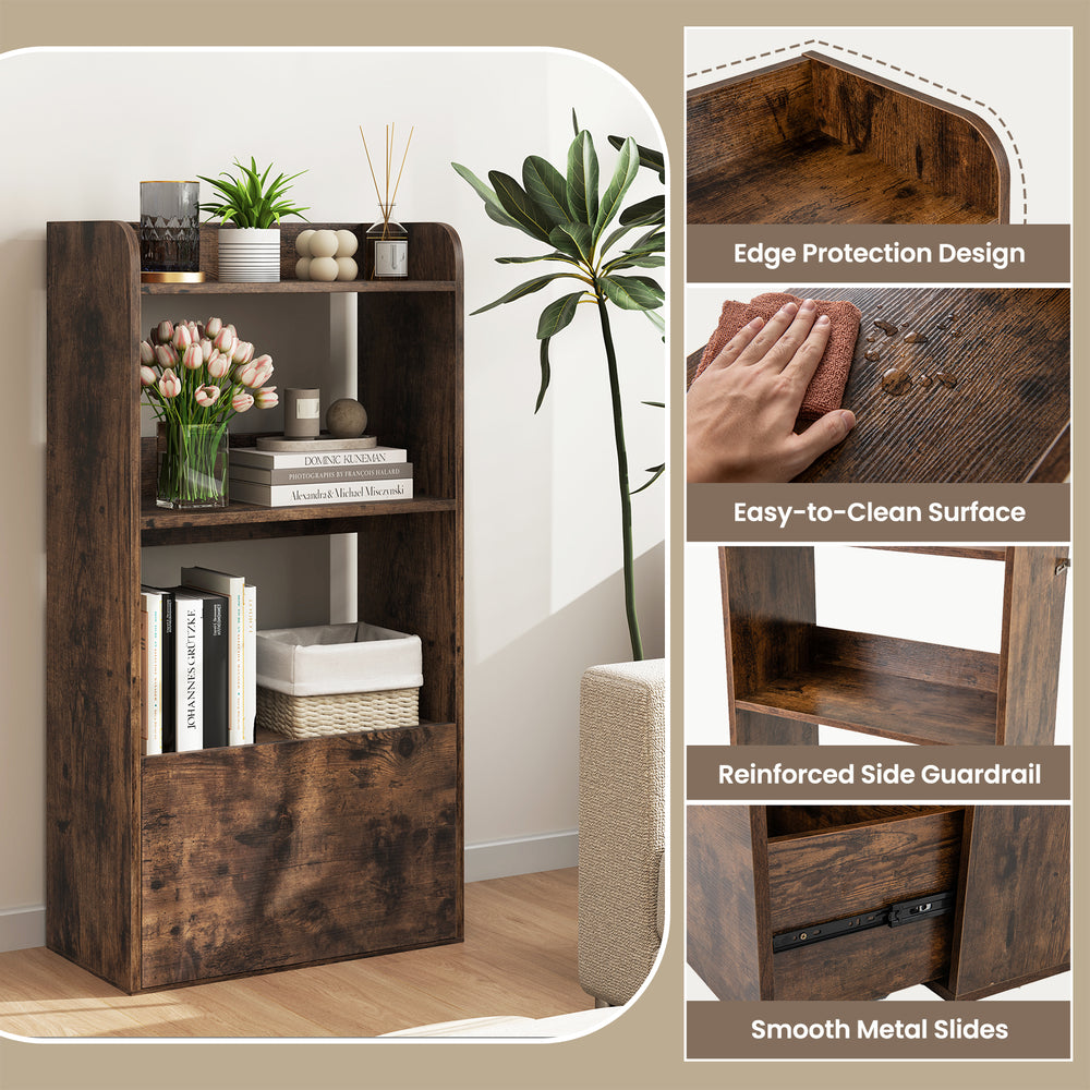 Freestanding rustic brown bookshelf featuring 3 open shelves and a large drawer, ideal for living room or office use.