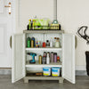 Freestanding beige buffet cabinet with two doors and adjustable shelves, ideal for garage storage and organization.