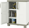 Freestanding beige buffet cabinet featuring a side view with two doors and adjustable shelves, perfect for garage use.