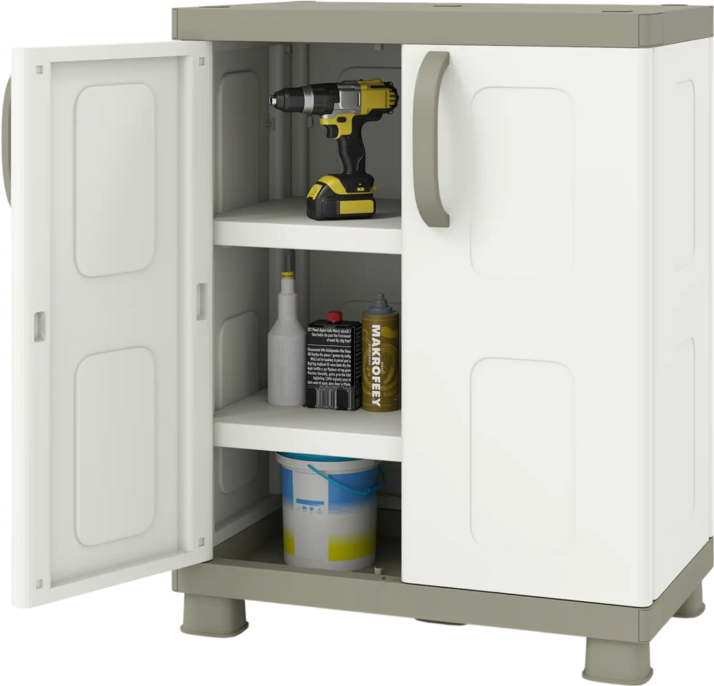 Freestanding beige buffet cabinet featuring a side view with two doors and adjustable shelves, perfect for garage use.