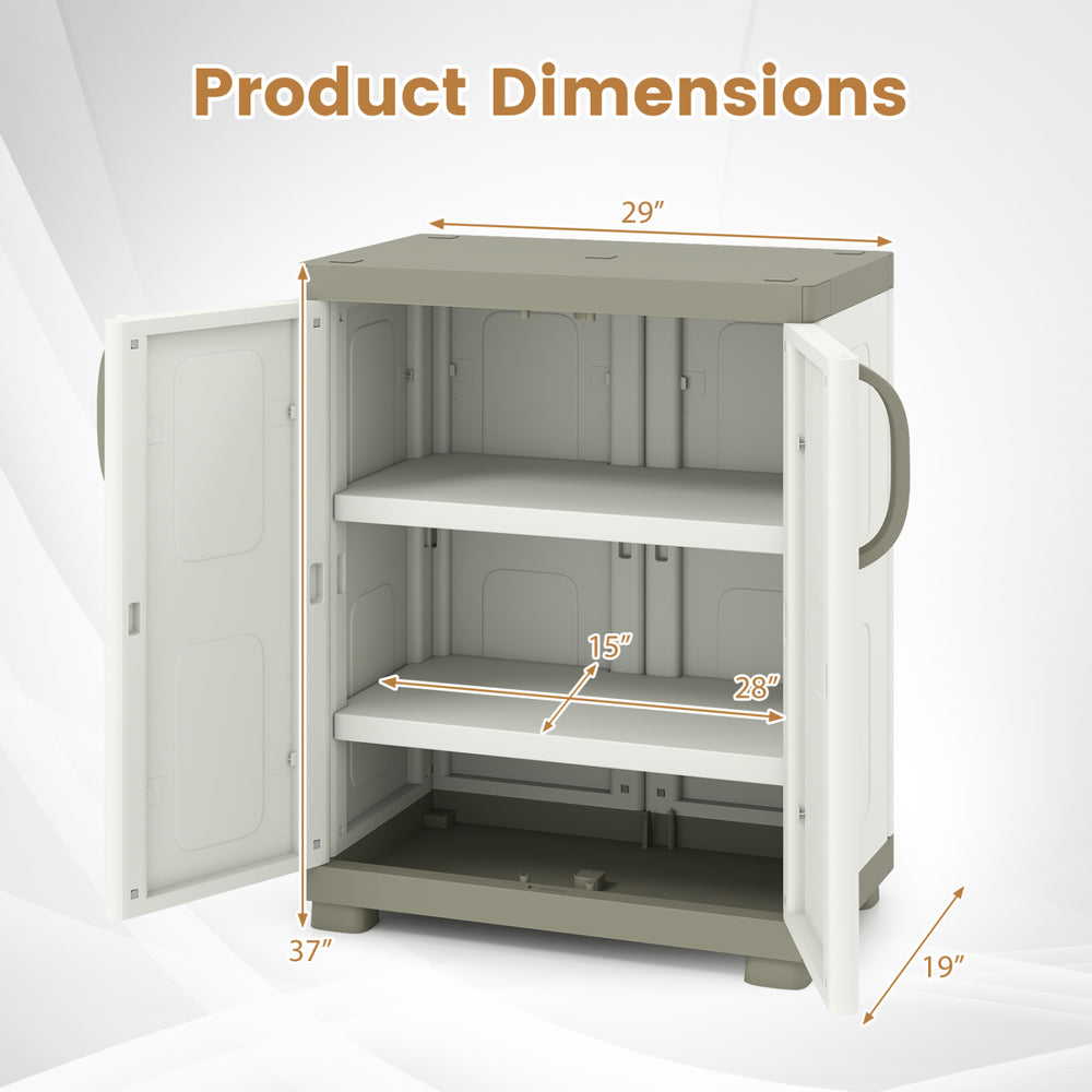 Freestanding buffet cabinet dimensions showing adjustable shelves, waterproof PP plastic, ideal for kitchen or garage.