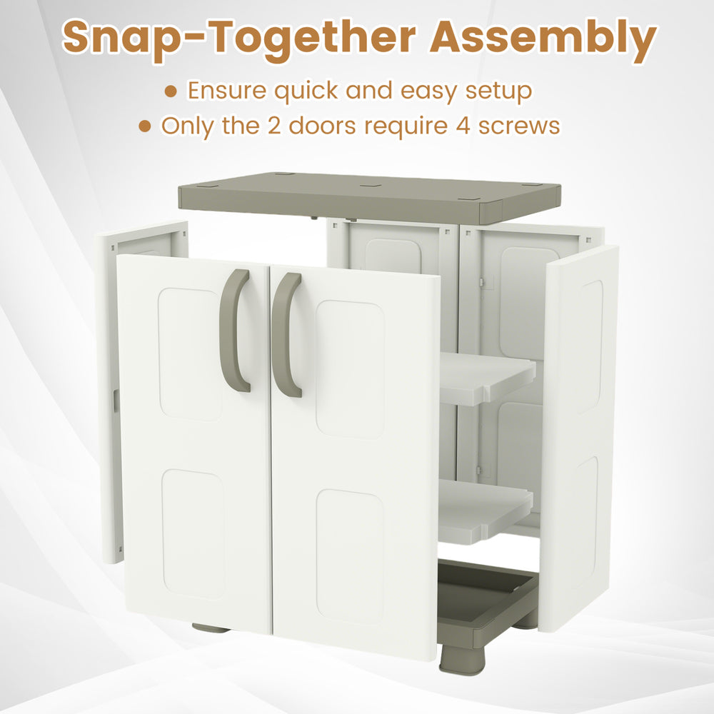Freestanding buffet cabinet in beige with 2 doors, adjustable shelves, and snap-together assembly for versatile storage.