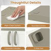 Detail shots of the freestanding buffet cabinet showing wipe-clean surface, rounded corners, and convenient handles.